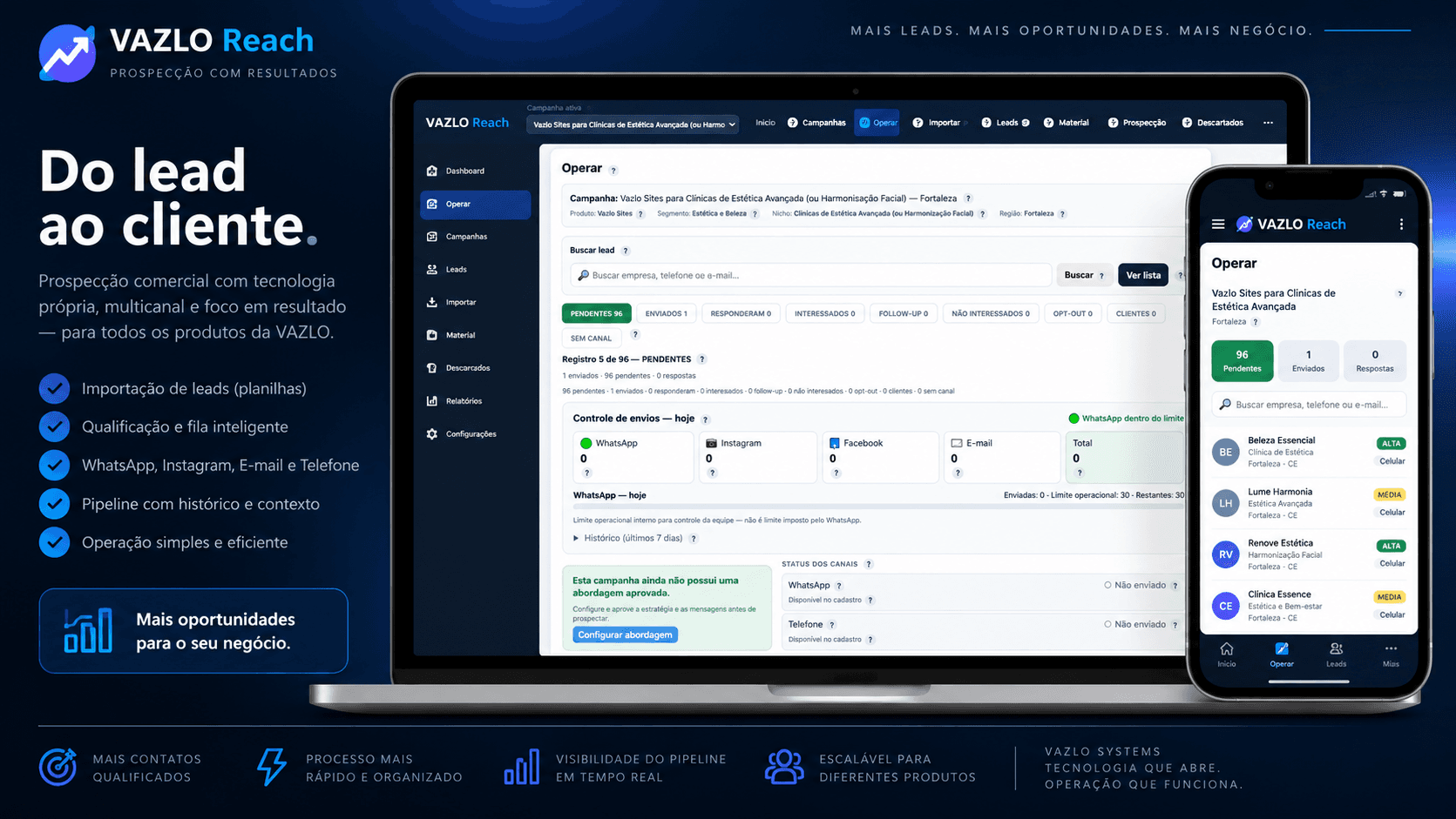 VAZLO Reach — interface de prospecção comercial em operação