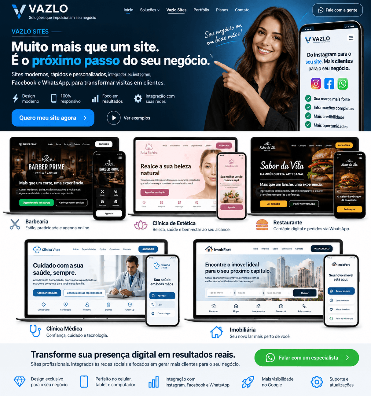VAZLO Sites — apresentação comercial com conceitos demonstrativos de sites para barbearia, estética, restaurante, clínica e imobiliária